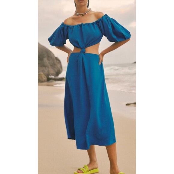 FARM RIO Linen Dress Med Blue Cut Out Off Shoulder Boho Artsy Coastal Nautical - Picture 3 of 16